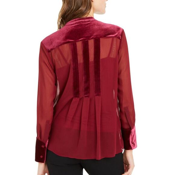 ALFANI Burgundy Velvet Striped Sheer Long Sleeve Blouse Plus Size 1X NWT - Picture 2 of 3